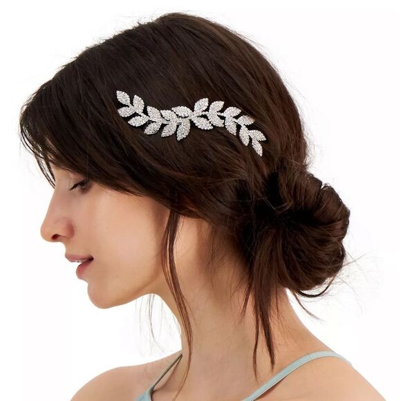 Rhinestone Leaf Bridal Hair Comb, Silver Sparkly - Picture 2 of 4